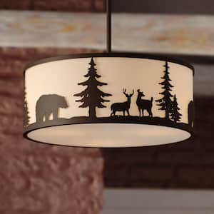 Acadia 3-Light Bronze Rustic Pendant Light White Linen Bear Deer Tree