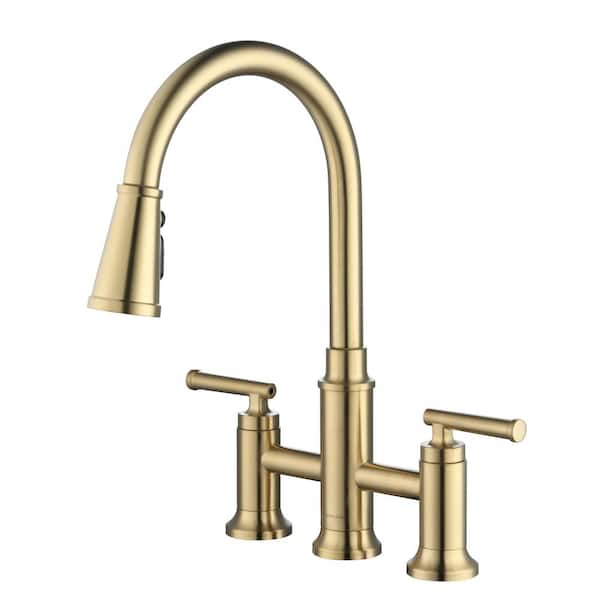Oswell Two-Handle Bridge Pull Down Kitchen Faucet in Brushed Gold