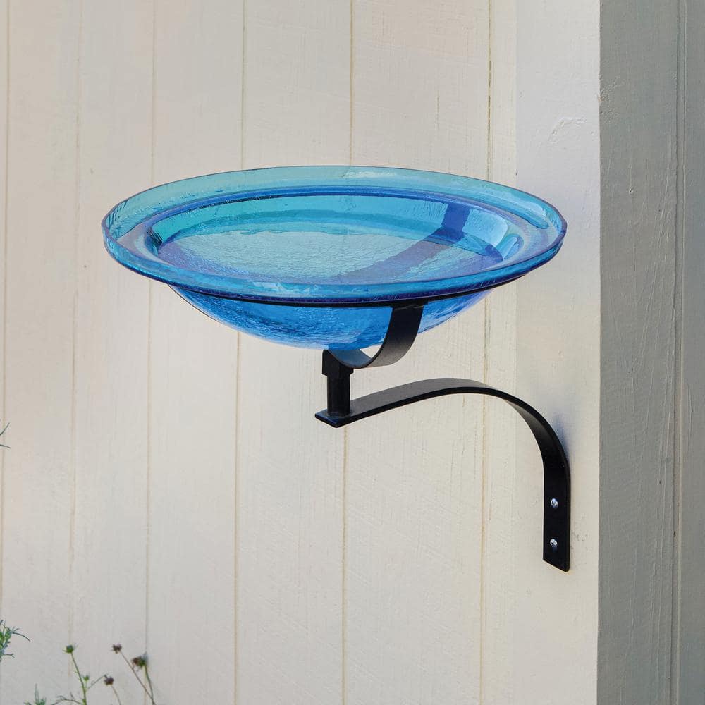 Teal Crackle Glass Birdbath Bowl with Wall Mount Bracket