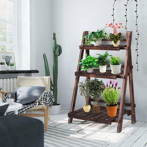 37 in. Indoor/Outdoor Brown Wooden Design Folding Display Flower Plant Stand