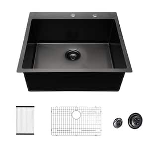 28 in. Gunmetal Black Single Stainless Steel Bowl Topmount kitchen Sink 16-Gauge Kitchen Sink with Bottom Grid