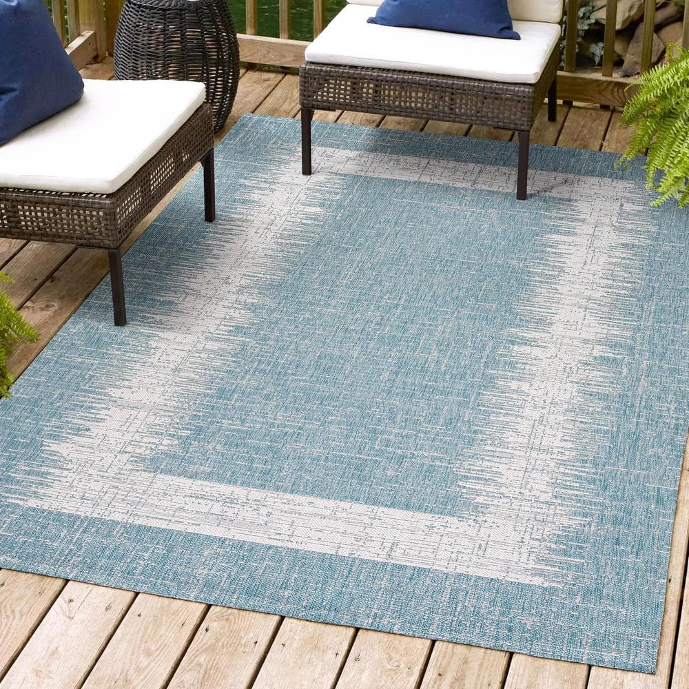 Aqua and Ivory Geometric Synthetic 3' x 5' Indoor/Outdoor Area Rug
