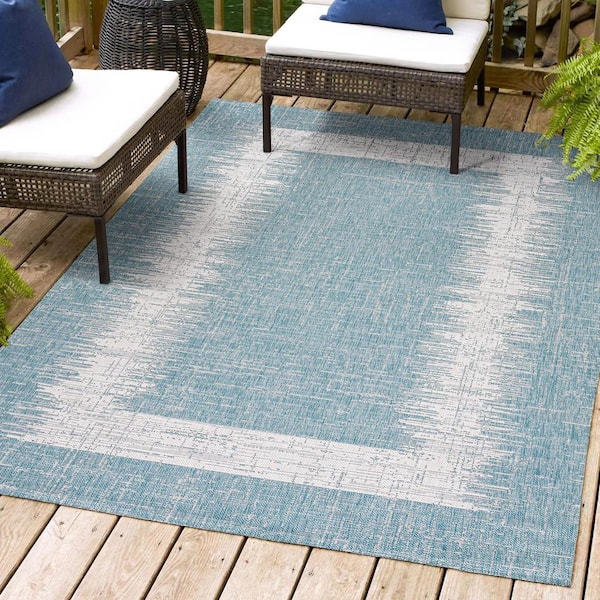 Scandi Minimalist Border Aqua/Ivory 4 ft. x 6 ft. Indoor/Outdoor Area Rug