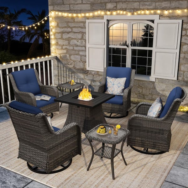 7-Piece Fire Pit Patio Set Wicker Outdoor Patio Conversation Set with Swivel Rocking Chairs and Blue Cushions