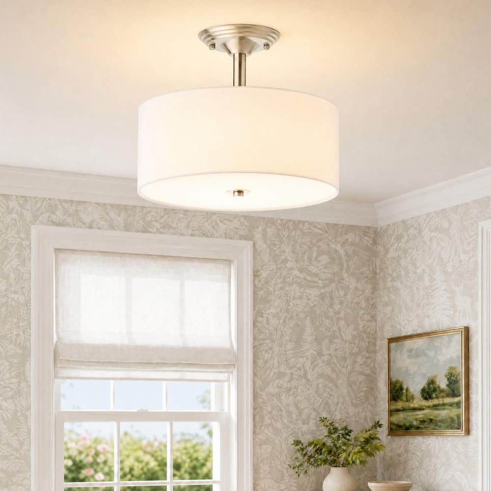 Merra 13 in. 2-Light Brushed Nickel Semi-Flush Mount Light with