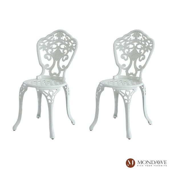 2-Piece White European Carving Cast Aluminum Outdoor Patio Armless Bistro Chair