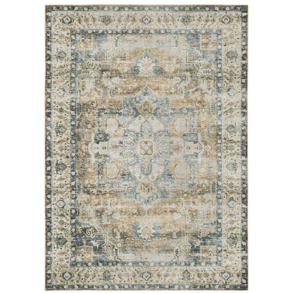 Cascade Blue/Gold 4 ft. x 6 ft. Traditional Medallion Polyester Machine Washable Indoor Area Rug