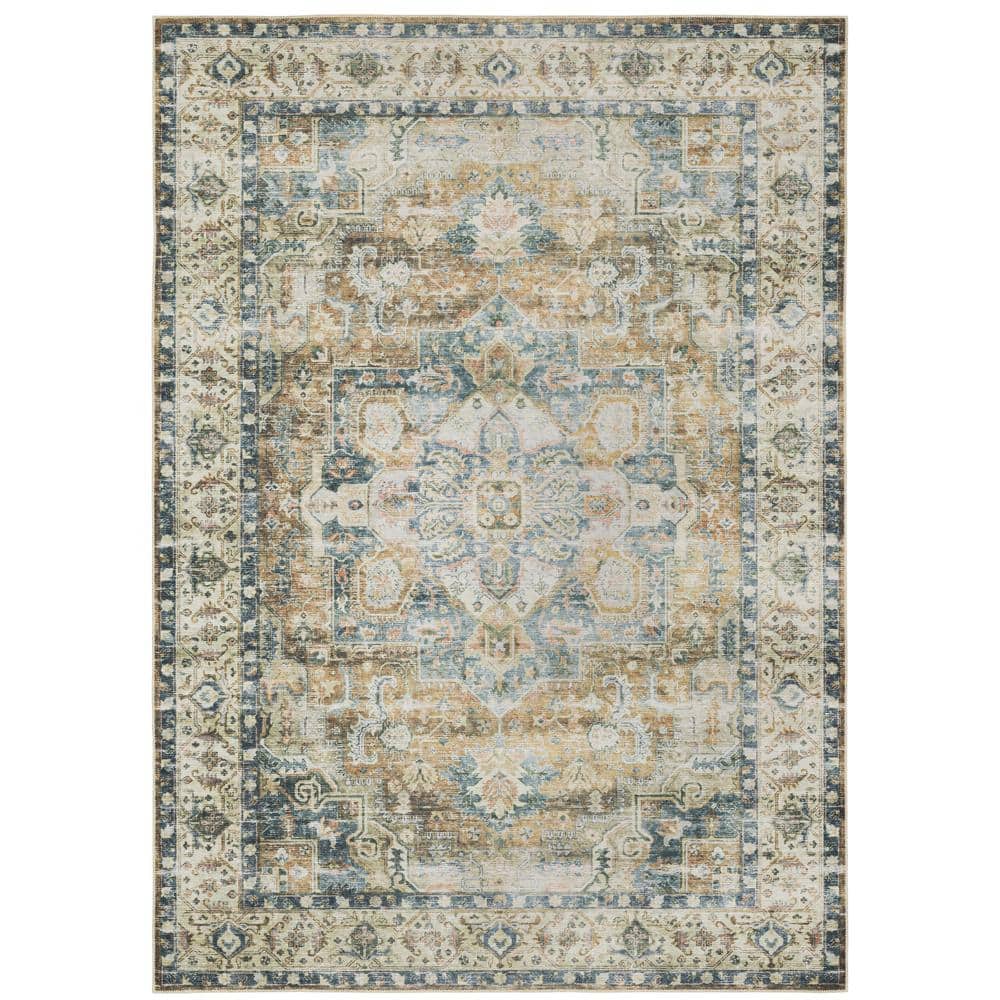 Cascade Blue/Gold 8 ft. x 10 ft. Traditional Medallion Polyester Machine Washable Indoor Area Rug price history on PriceWatchPro