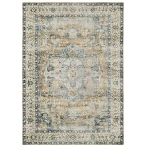 Cascade Blue/Gold 8 ft. x 10 ft. Traditional Medallion Polyester Machine Washable Indoor Area Rug