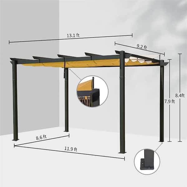 Peda 13 ft. x 9 ft. Beige-Tan Polyester Outdoor Patio Gazebo Steel Frame Grape Pergola with Retractable Shade Canopy