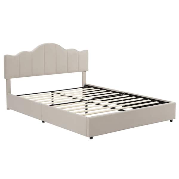 VECELO Upholstered Bed Beige Metal Frame Full Platform Bed with Type-C and USB Charging Stations, Adjustable Headboard