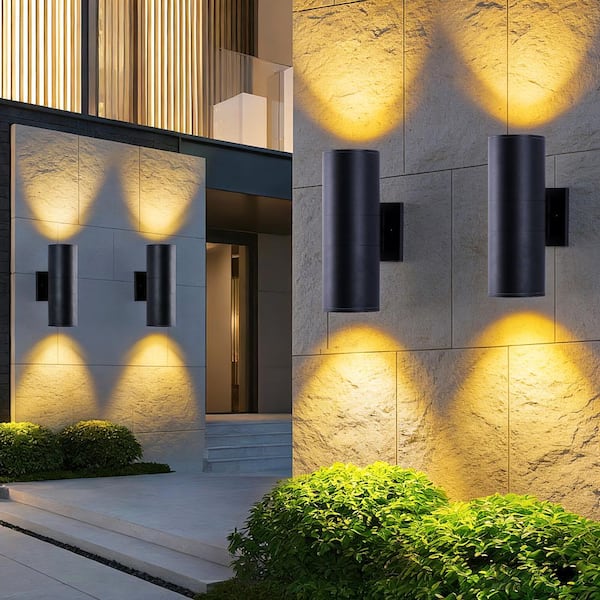 Outdoor Lights Wall Mount 4-Pack – Modern Cylinder Exterior Sconce, Matte Black, Waterproof Up & Down Lighting For Porch & House