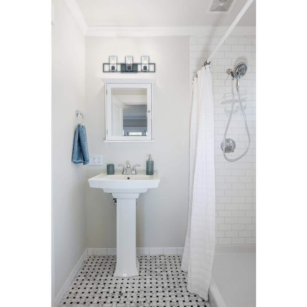 Charcoal Black 24" Contemporary 3-Light Bath Bar with Rain Glass Shades