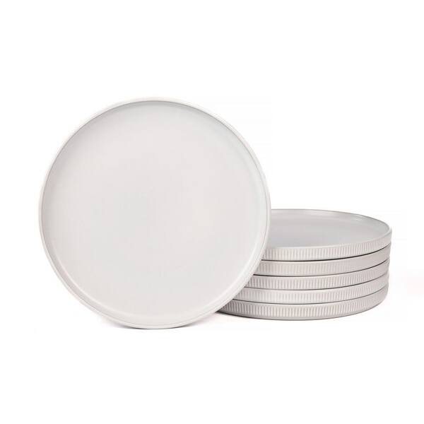 Reactive White Ribbed Stoneware Dinner Plates, Set of 6, Matte Ceramic Tableware