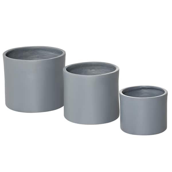Huluwat 13 in./11.5 in./9 in. Dark Gray Magnesium Oxide Round Outdoor Stackable Plant Pot with Drainage Holes (3-Pack)