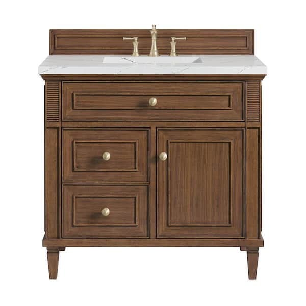 James Martin Vanities Lorelai 36.0 in. W x 23.5 in. D x 34.06 in. H Single Bathroom Vanity in Mid-Century Walnut & Ethereal Noctis Quartz Top