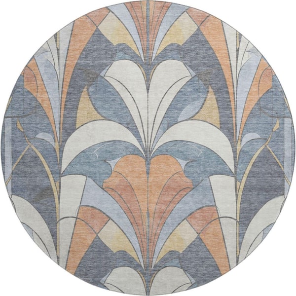 Mayfield Premium Machine Washable Abstract AMF2174 Denim 8 ft. x 8 ft. Round Rug