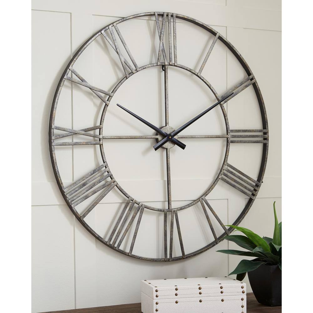 Oversized Antique Silver Metal Roman Numeral Wall Clock