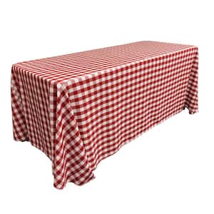 ''90 in. x 132 in. White and Red Polyester Gingham Checkered Rectangular Tablecloth''