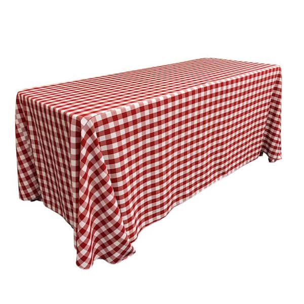 "90 in. x 132 in. White and Red Polyester Gingham Checkered Rectangular Tablecloth"