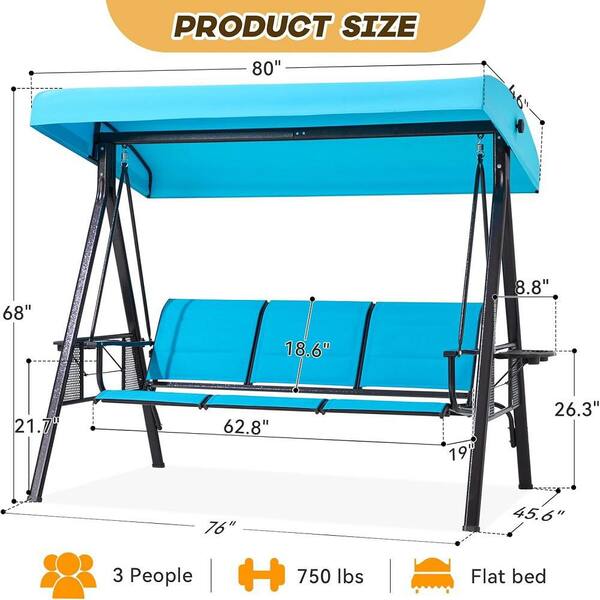 3-Person Metal Lake Blue Patio Swing Adjustable Canopy and Square