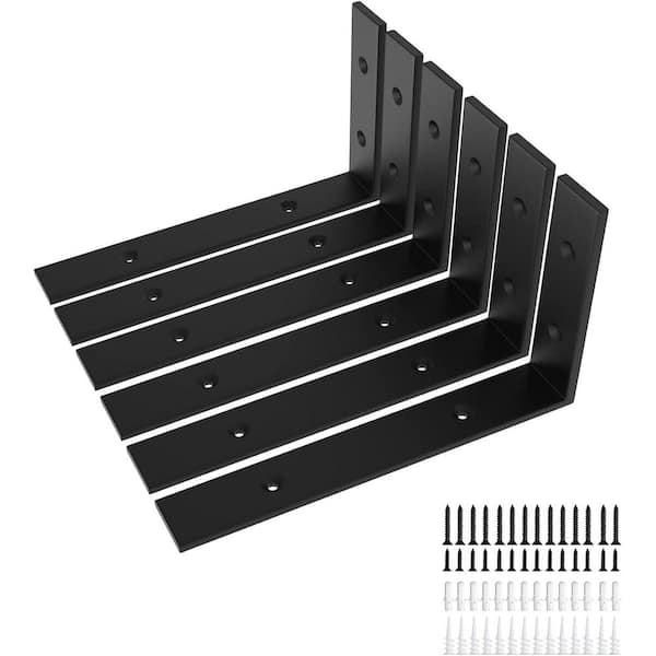 6-Pack Heavy Duty 12 in. L Shelf Brackets Black 1/5 in. Thick for Floating Shelves with Easy Installation