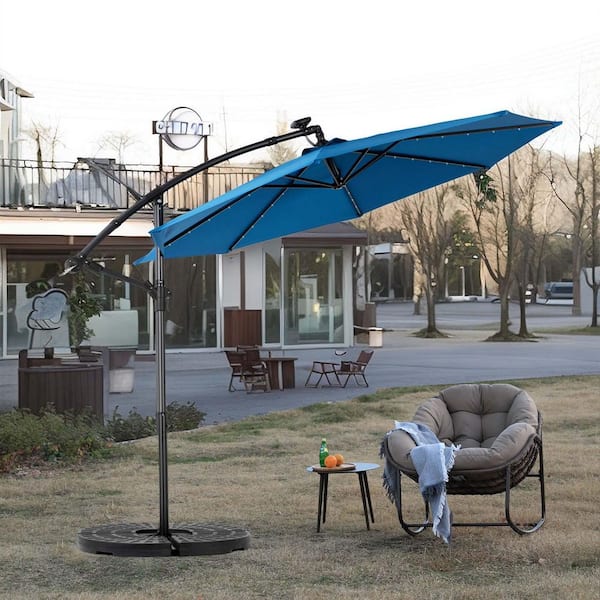 SUNRINX 10 ft. Steel Cantilever Solar LED Offset Hanging Market Patio Umbrella in Dark Blue