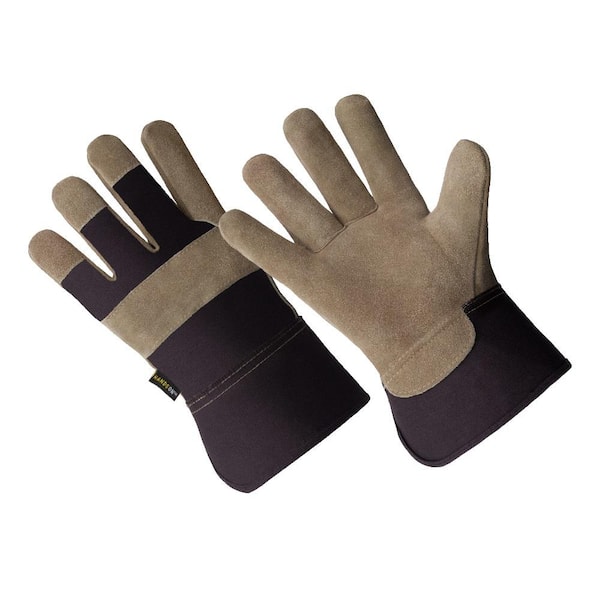 HANDS ON Men's Leather Palm Work Gloves, Breathable Fabric Back, Safety Cuff