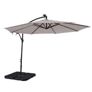 10 ft. Beige Steel Outdoor Solar Led Tiltable Cantilever Umbrella Patio Umbrella with Crank Lifter