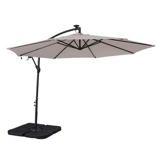 Unbranded 10 ft. Beige Steel Outdoor Solar Led Tiltable Cantilever Umbrella Patio Umbrella with Crank Lifter