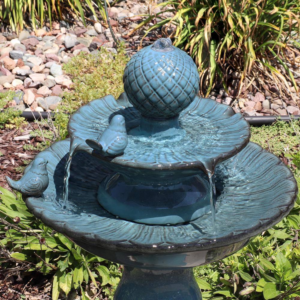 Blue Ceramic 27" 2-Tier Outdoor Fountain with Birds