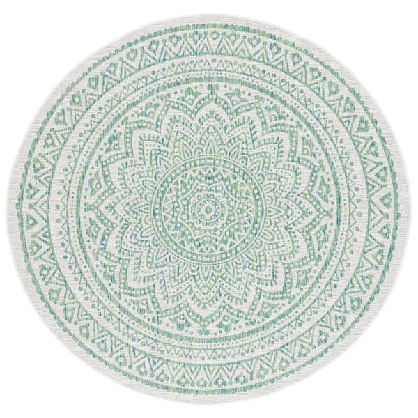 Courtyard Ivory/Green 4 ft. x 4 ft. Round Medallion Indoor/Outdoor Area Rug