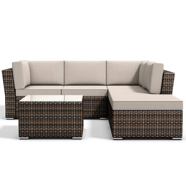 FORCLOVER Free-combined 6-Piece Wicker Patio Conversation Set with Beige Cushions