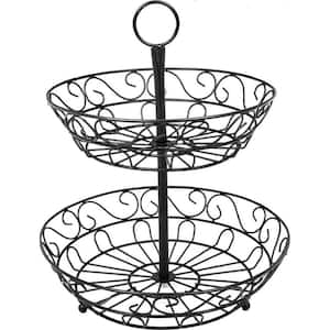 Kitchen Round Black Metal Wire Basket Display Stand Drawer Organizer with 2-Tier Rack