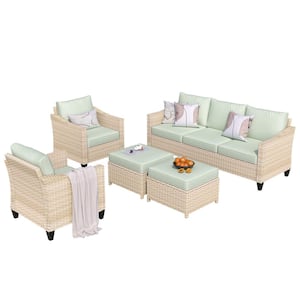 Athena Biege 5-Piece Wicker Outdoor Patio Conversation Seating Set with Mint Green Cushions