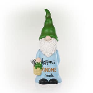 24 in. H "Happiness is Gnome Made" Indoor/Outdoor Garden Gnome Statue, Green/Blue