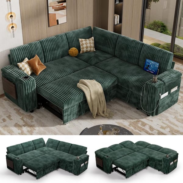 85" 5 Seat L Shaped Modular Sectional Couch with Pull Out Bed, Sleeper Sofa Bed with Storage Chaise&Arms for Living Room