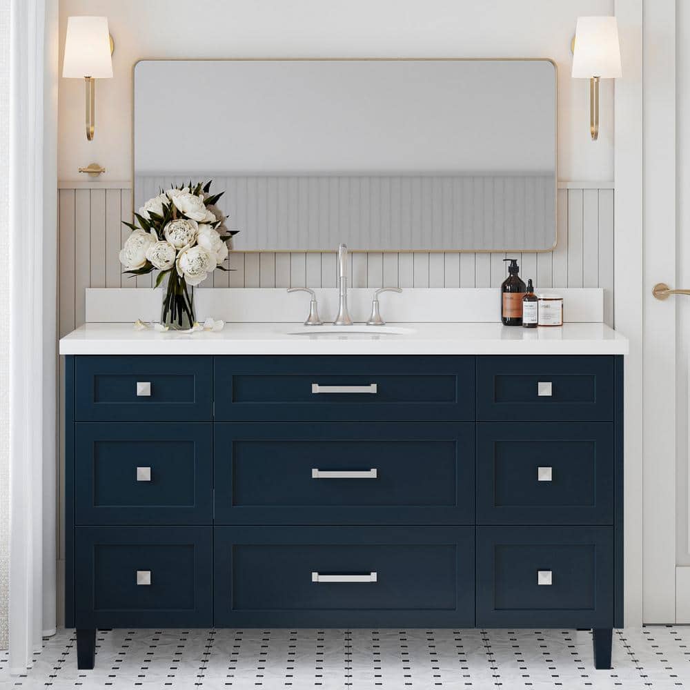 Midnight Blue Freestanding Single Sink Vanity with Quartz Top