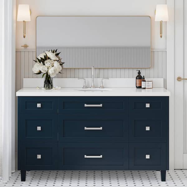 ARIEL Monroe 61 in. W x 22 in. D x 36 in. H Single Sink Bath Vanity in Midnight Blue with Pure White Quartz Top