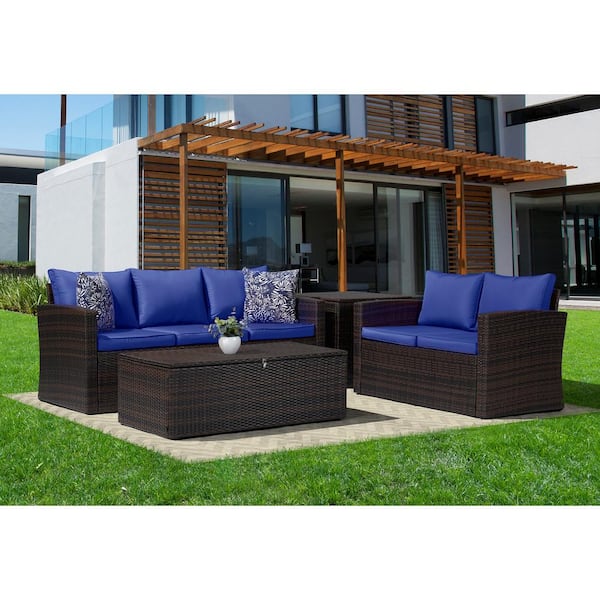 EDYO LIVING 4-Piece Wicker Patio Conversation Furniture Set with Blue Cushions