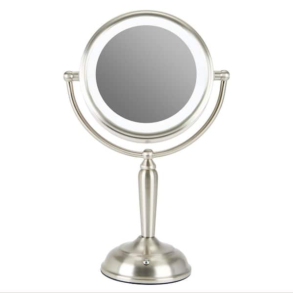 Merra 8 In X 13 In Double Sided Glam Lighted Magnifying Tabletop Bathroom Makeup Mirror In Brushed Nickel Ptl 2603 00 Bnhd 1 The Home Depot