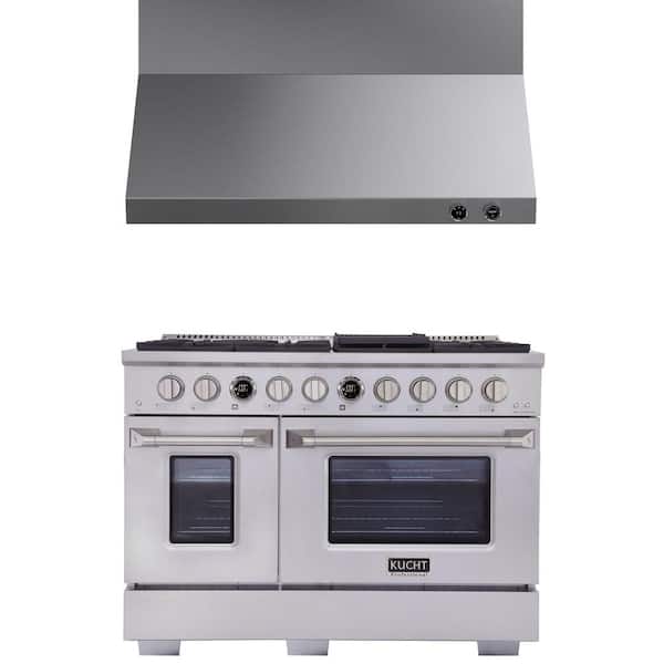 48 in. 6.7 cu. ft. 8 Burners Double Oven Dual Fuel Range for Propane Gas in Stainless Steel + Wall Mount Range Hood