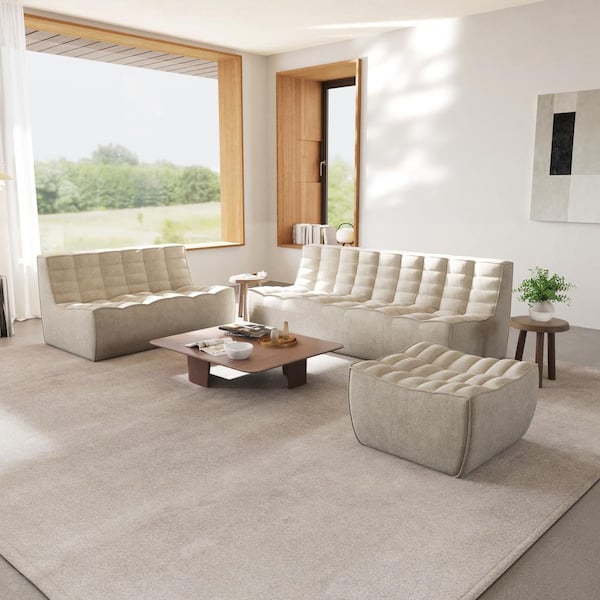 Magic Home Armless 3 Piece Linen Modular Sectional Sofa 82.6 in. 3 Seater Fireside Floor Sofa Couch with Loveseat Ottoman in Khaki MH 131KH 23OT