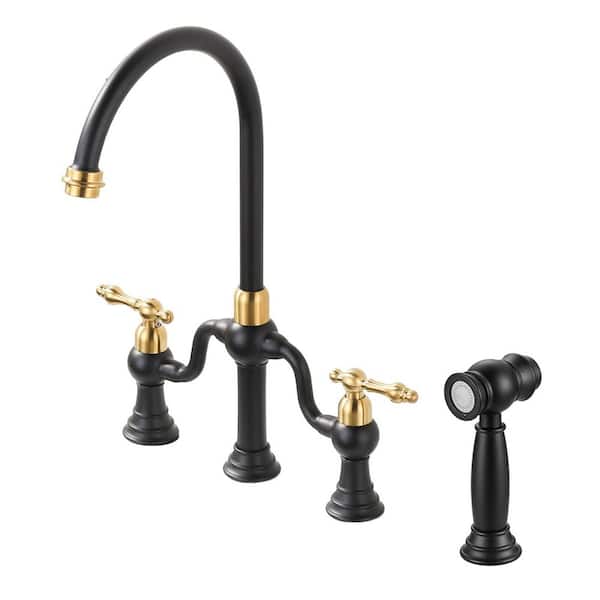 8 in. Centerset 4 Hole Double Handle Brass Bridge Kitchen Faucet with Side Sprayer in Black and Gold