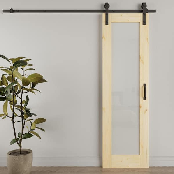 24 in. x 96 in. 1-Lite Tempered Frosted Glass Unfinished Solid Core Pine Wood Sliding Barn Door with Hardware Kit