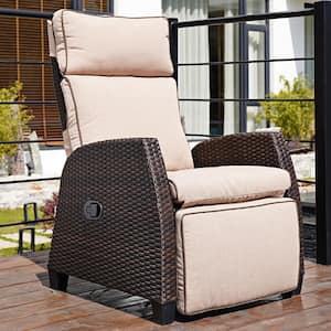 Adjustable Outdoor Wicker Recliner with Beige Cushions, All-Weather Wicker, Thick Cushions