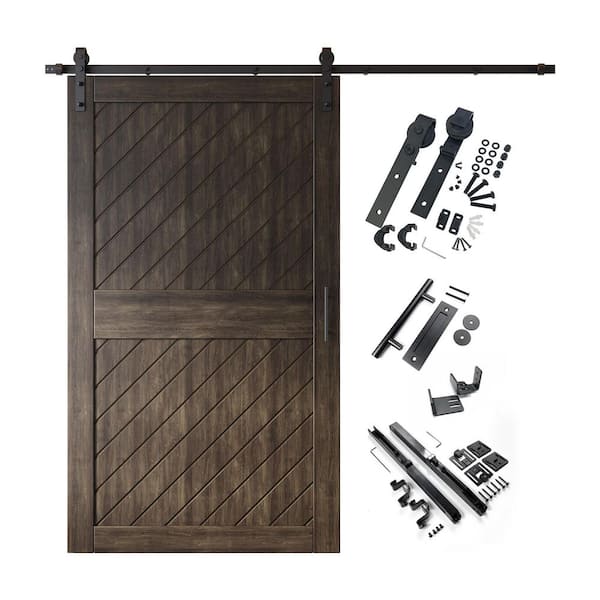 XT1 48 in. x 84 in. C-Panel Ebony Slanted Stripe Design Solid Pine Wood Sliding Barn Door with Hardware Kit