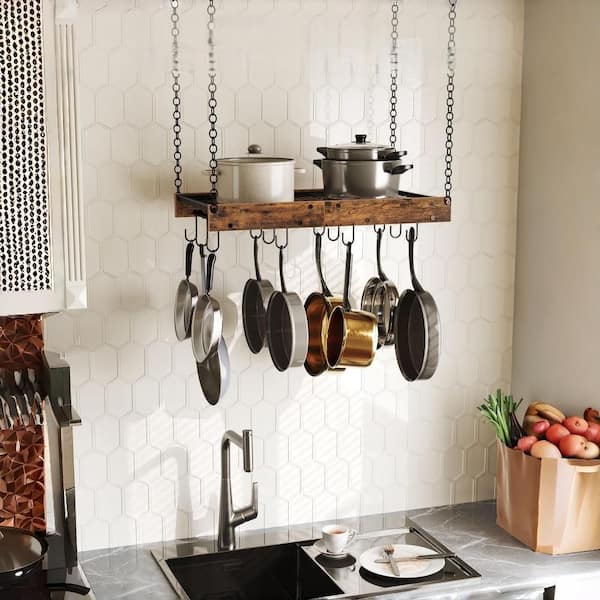 24 in. Metal Hanging Pot Rack with 12 S-Shaped Hooks for Kitchen Cookware Storage, Rustic Brown and Black