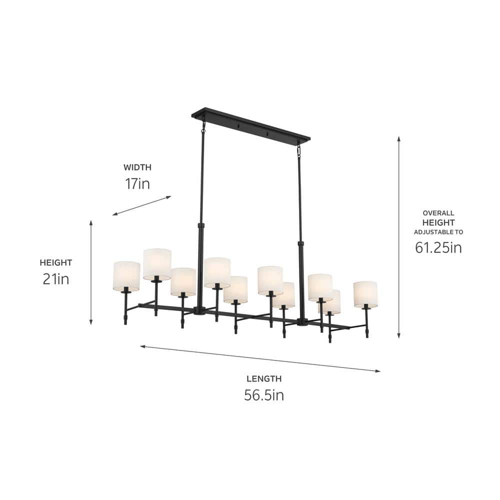 Elegant Ali Black Fabric Drum Shade 10-Light Linear Chandelier