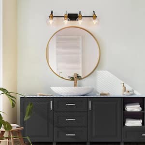 Modern Black Wall Light 29.5 in. 4-Light Bronze and Antique Gold Bathroom Brass Vanity Light with Globe Glass Shades